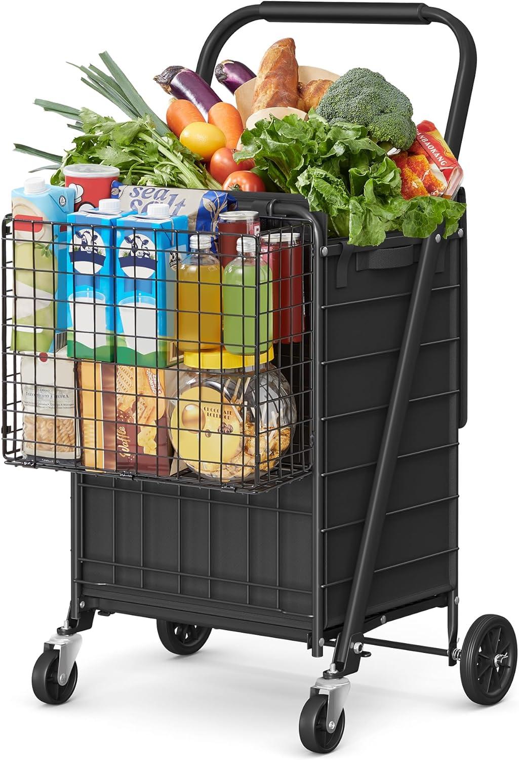 Foldable Shopping Cart, Heavy Duty Grocery Cart, Utility Cart, 360° SwivelBag, Removable Basket,