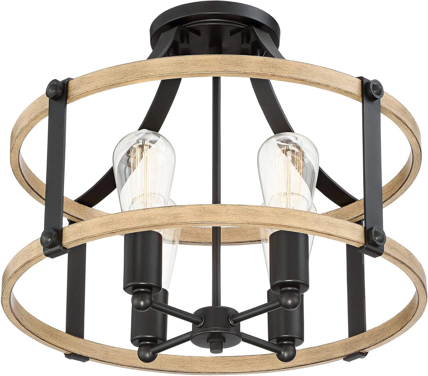 Buford 20" Rustic Farmhouse Black Metal & Faux Wood 4-Light Ceiling Light