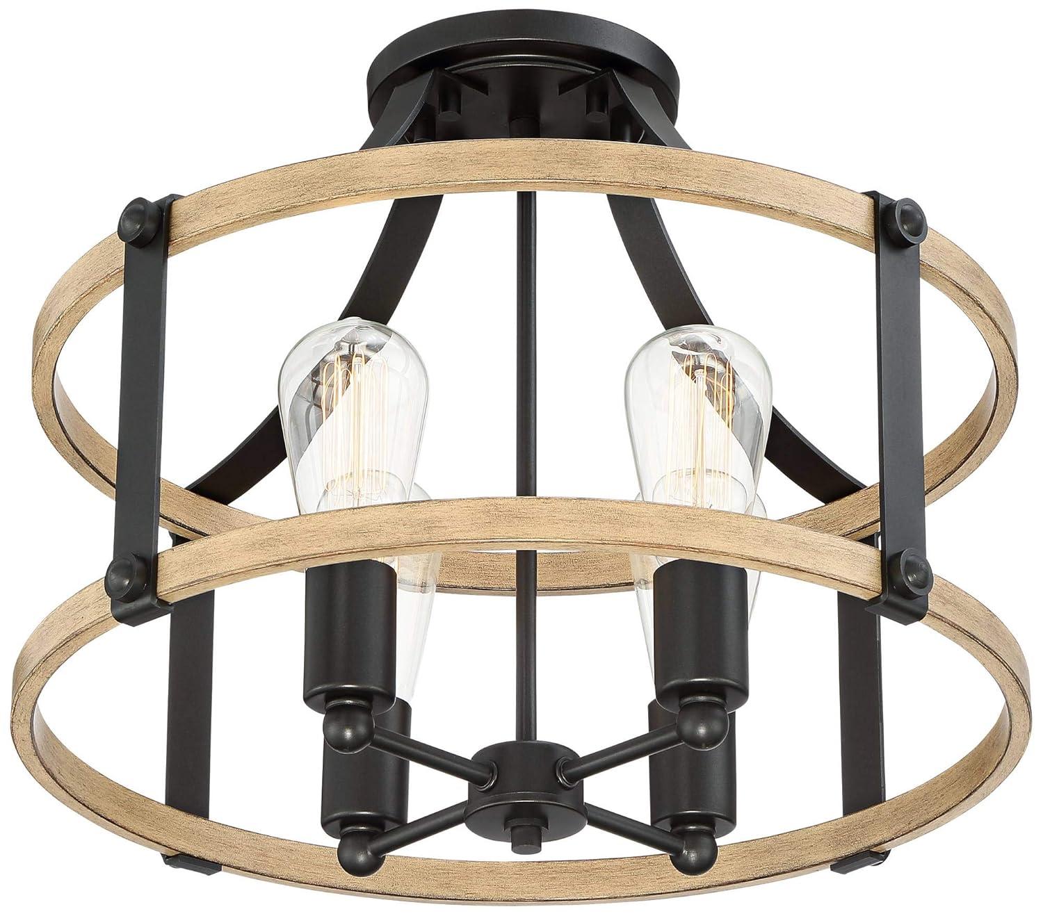 Franklin Iron Works Buford Rustic Farmhouse Ceiling Light Semi Flush Mount Fixture 18" Wide Faux Wood Black 4-Light for Bedroom Kitchen Living Room
