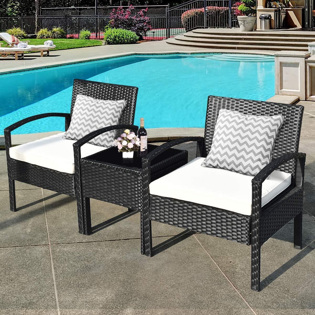 Black Steel 3-Piece Patio Conversation Set with Beige Cushions