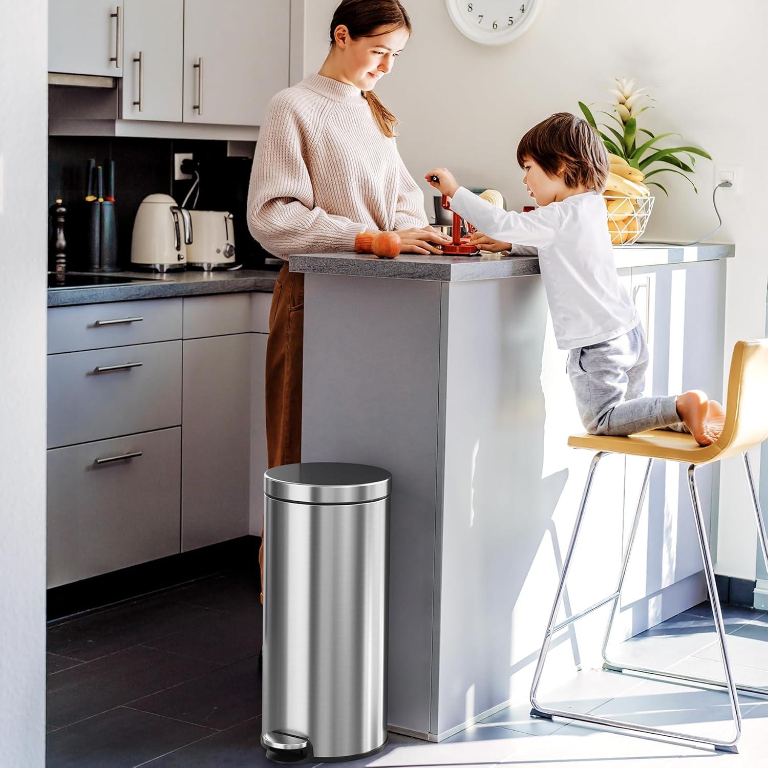 iTouchless Step Pedal Kitchen Trash Can with AbsorbX Odor Filter and Removable Inner Bucket 8 Gallon Round Stainless Steel