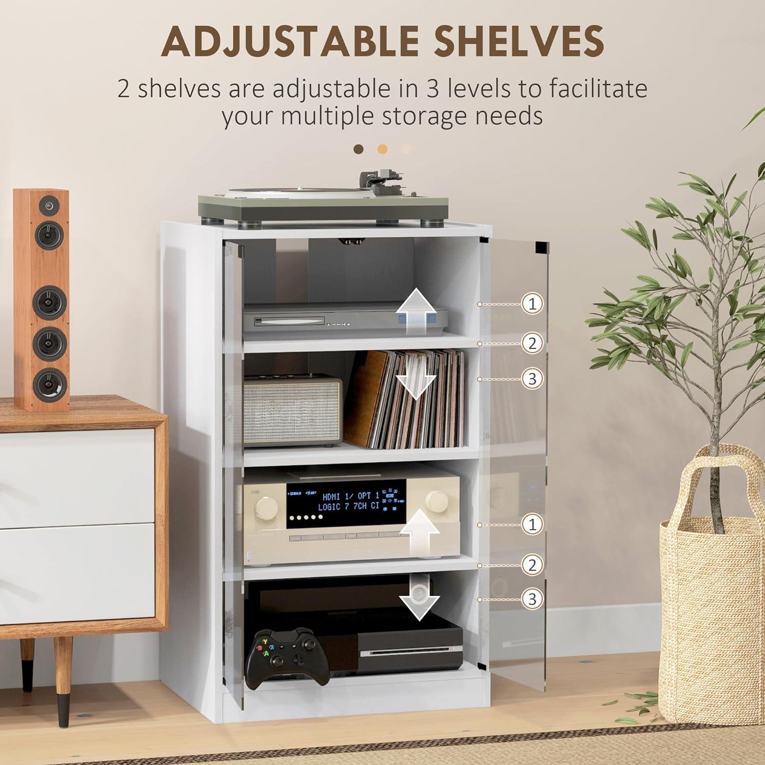 HOMCOM Media Cabinet, 4-Tier Stereo Cabinet, Record Player Stand with Vinyl Record Storage, Adjustable Shelves, Tempered Glass Doors and Cable Management, Distressed White