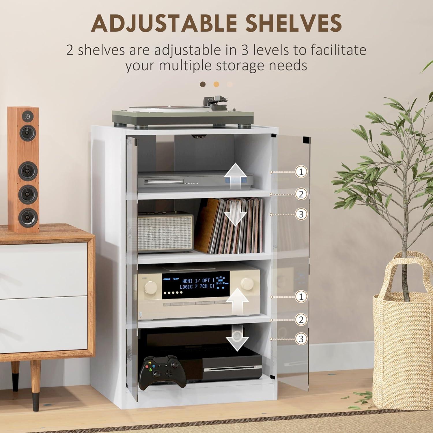 HOMCOM Media Cabinet, 4-Tier Stereo Cabinet, Record Player Stand with Vinyl Record Storage, Adjustable Shelves, Tempered Glass Doors and Cable Management, Distressed White