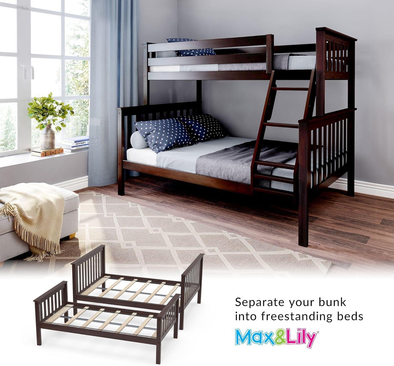 Max & Lily Bunk Bed Twin over Full Size, Solid Wood Bunk Beds with Ladder for Kids