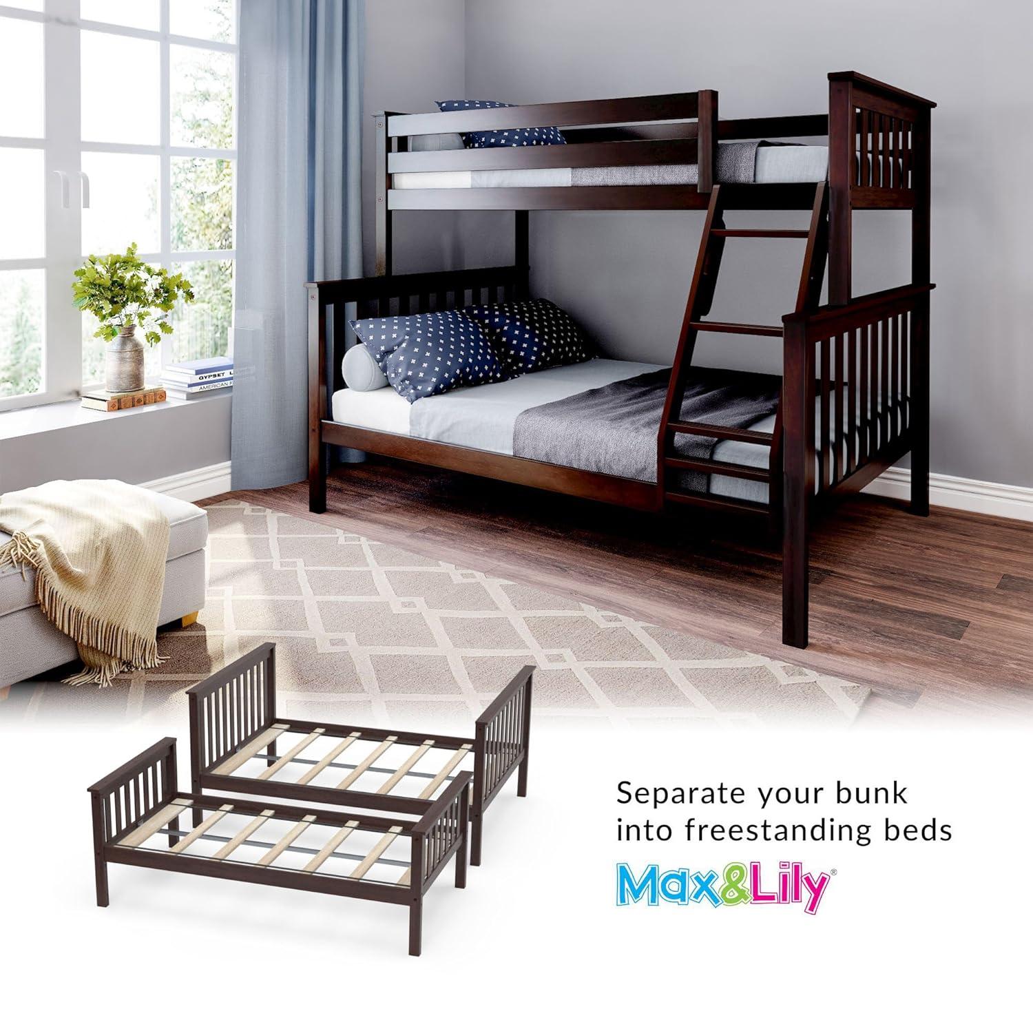 Max & Lily Bunk Bed Twin over Full Size, Solid Wood Bunk Beds with Ladder for Kids