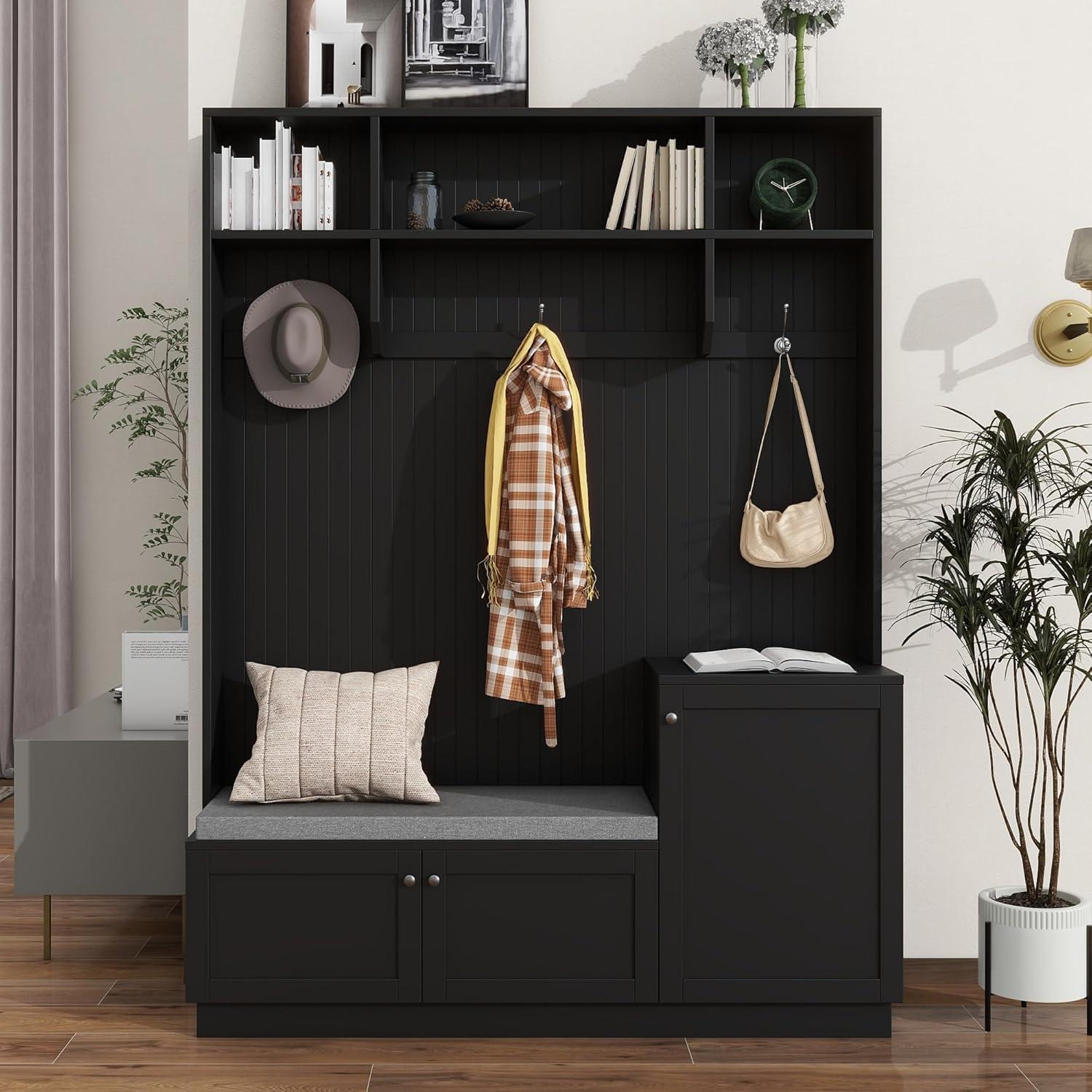 Black MDF Hall Tree with Bench, Cushion, and Storage