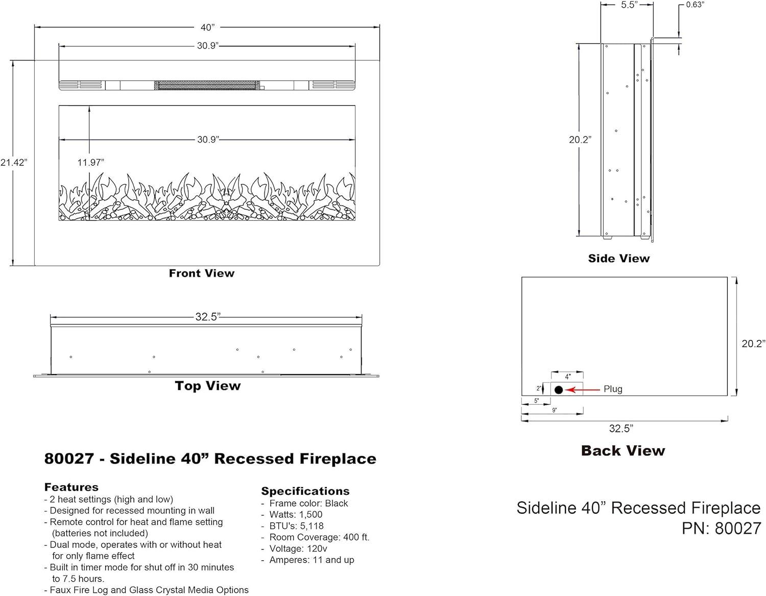 Touchstone The Sideline Electric Fireplace for Recessed or Wall Mount Installation