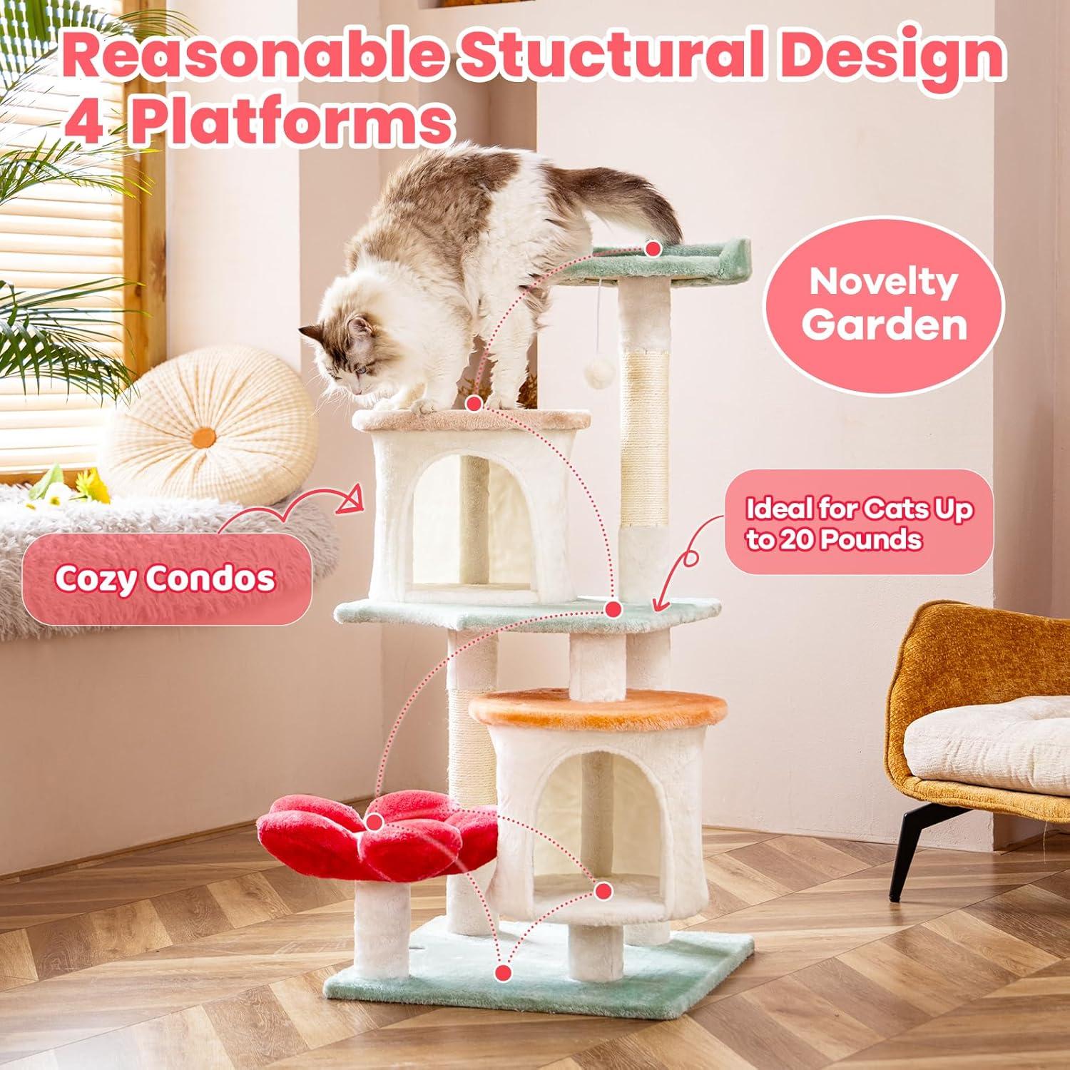 Tucker Murphy Pet™ 42.7In Flower Cat Tree Tower Condo Furniture Apartment Plush Habitat Kitten Amusement Platform With Scratch Posts Toy Ball Pet House Play (Medium 42.7" H)