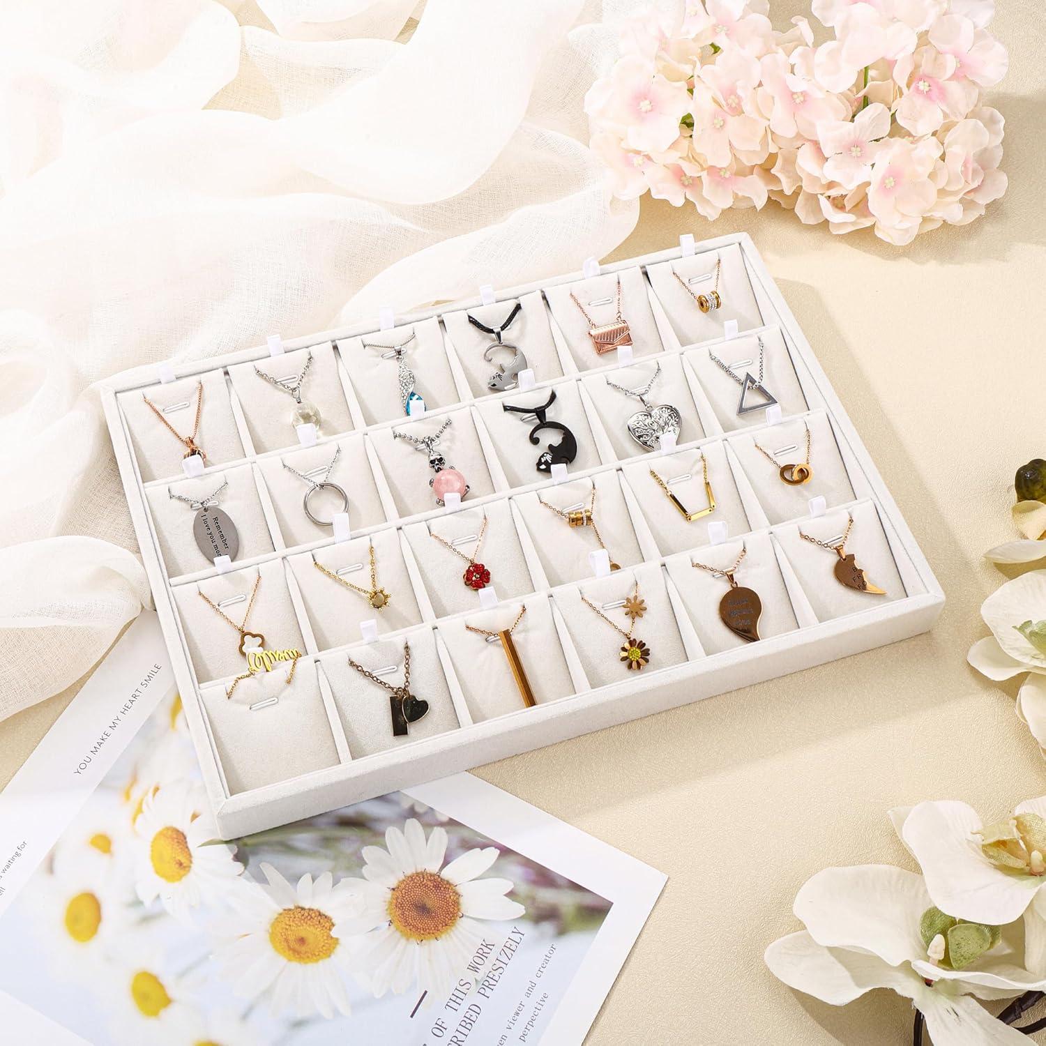 Elegant Beige Linen 24-Compartment Jewelry Tray Organizer