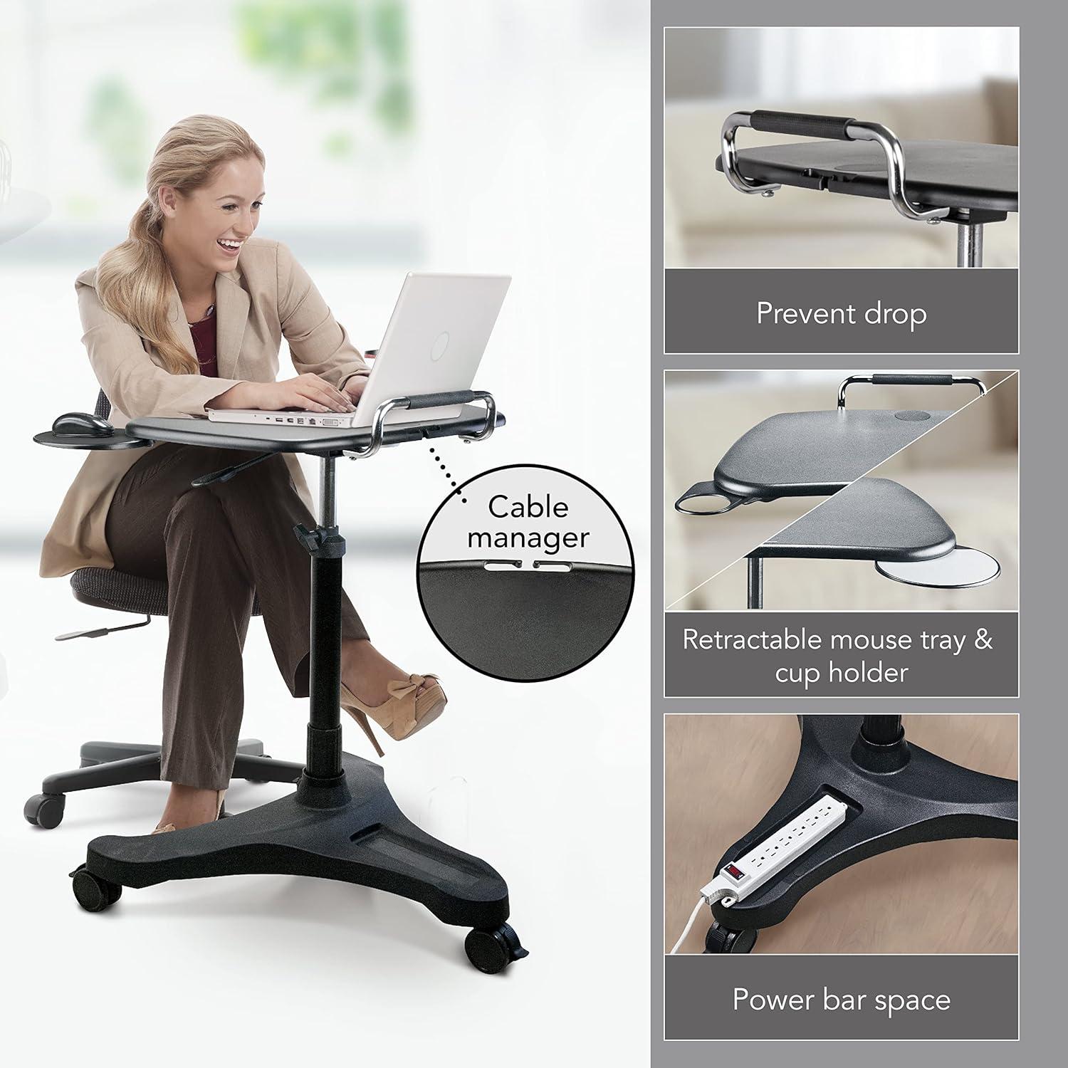 Black Adjustable Height Mobile Laptop Desk Cart with Cup Holder