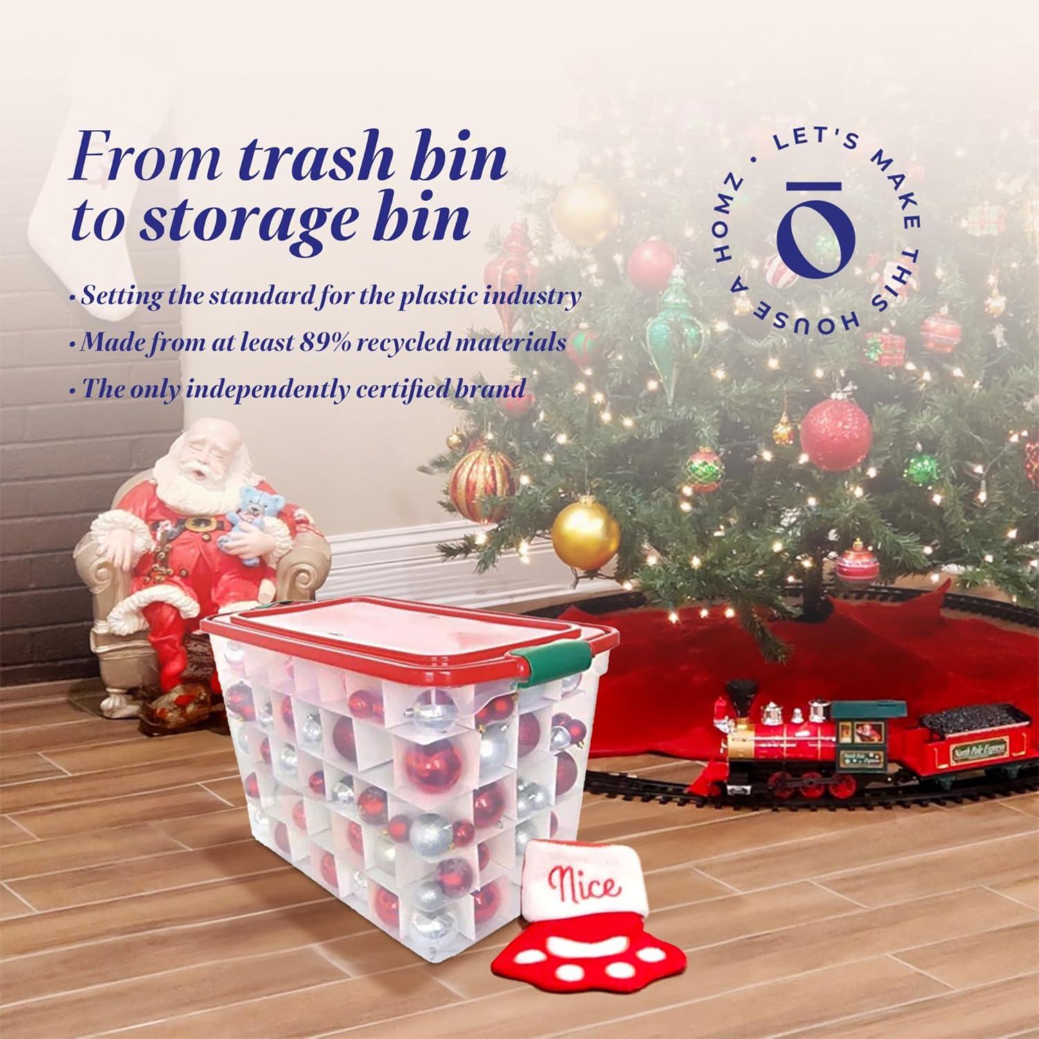 HOMZ 112-Quart Holiday Clear Plastic Ornament Storage, Red/Green, 4 Pack
