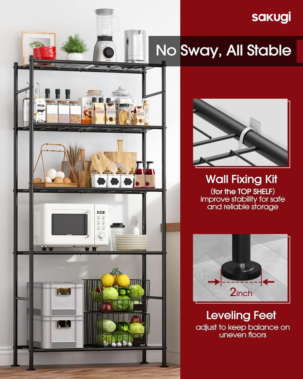 Storage Shelves - 5 Tier Shelf Organizer, Heavy Duty Garage Shelving Unit with Leveling Feet, Stable Metal Shelves Organizer for Pantry, Kitchen and Closet, 33.1" W X 12.6" D X 72.0" H, Black