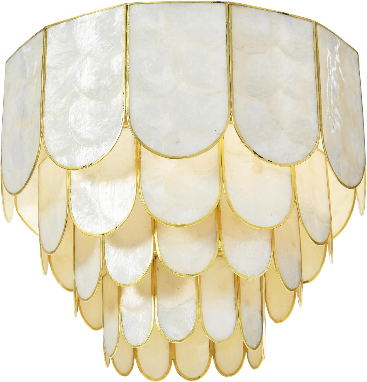 Storied Home 14" Round 4-Tier Capiz and Metal Flush Mount Ceiling Light Gold: Artisan Crafted, ETL Listed, Iron Body