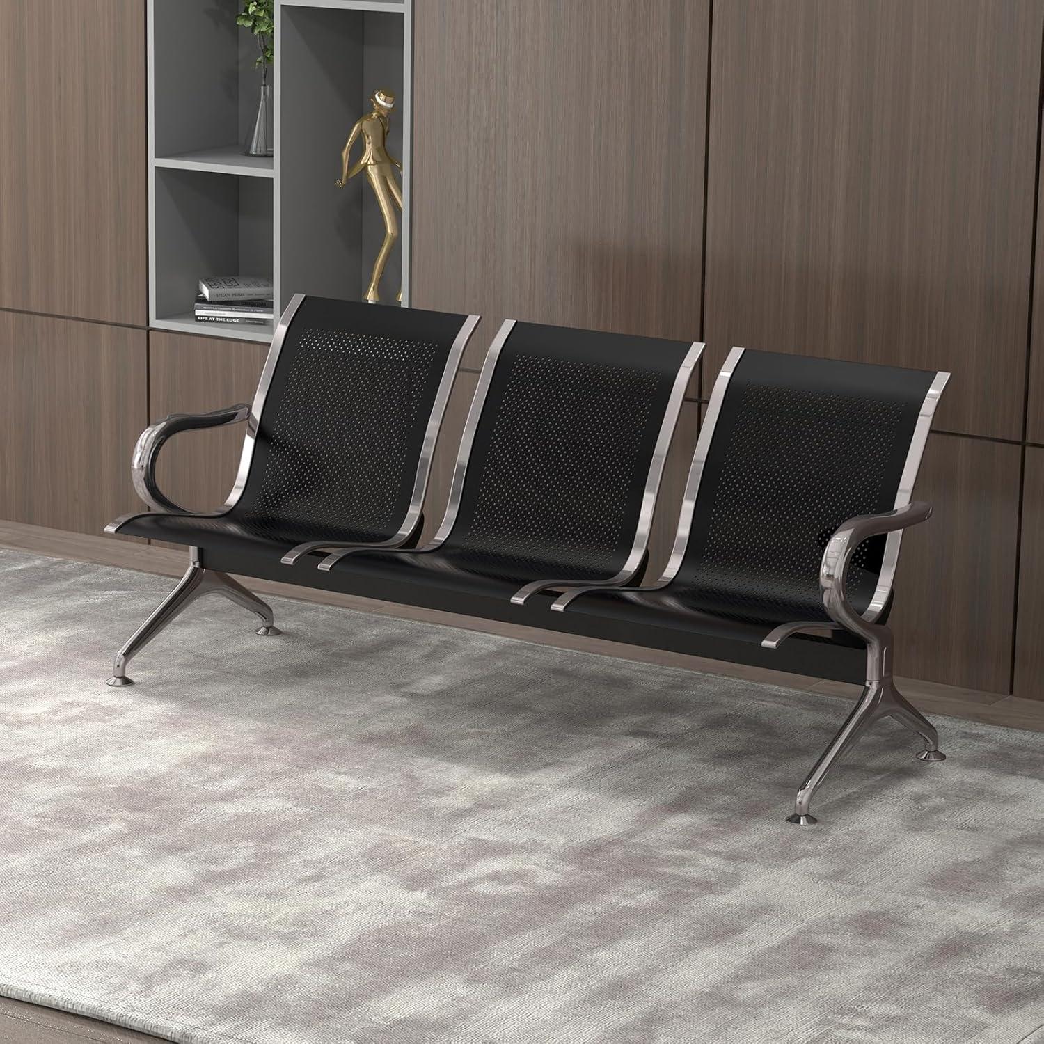 Kinbor Waiting Room Chairs, 3-Seat Reception Chairs Office Guest Waiting Furniture Bench Seating for Airport Bank Hospital, Black