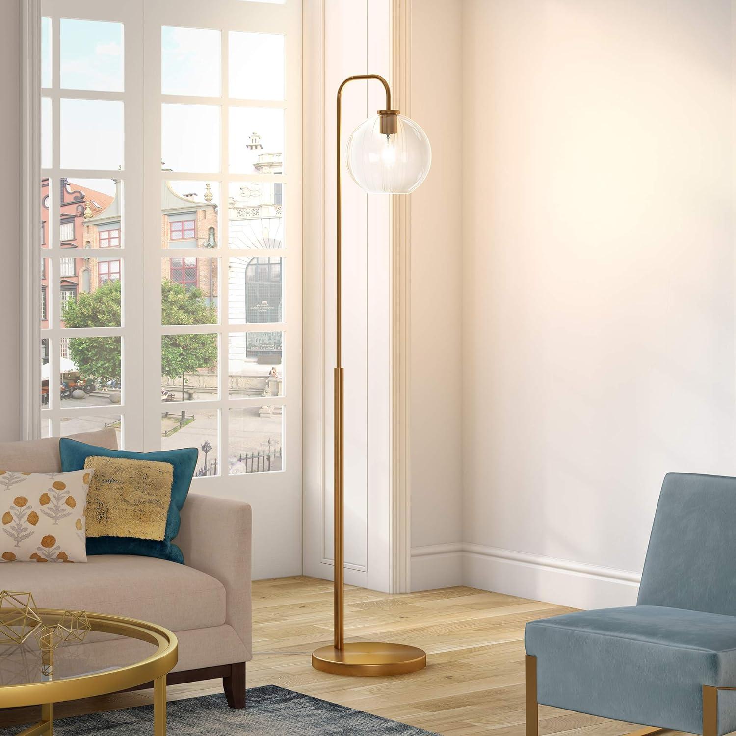 Evelyn&Zoe Harrison Mid-Century Modern Arc Floor Lamp, Brass and Milk Glass