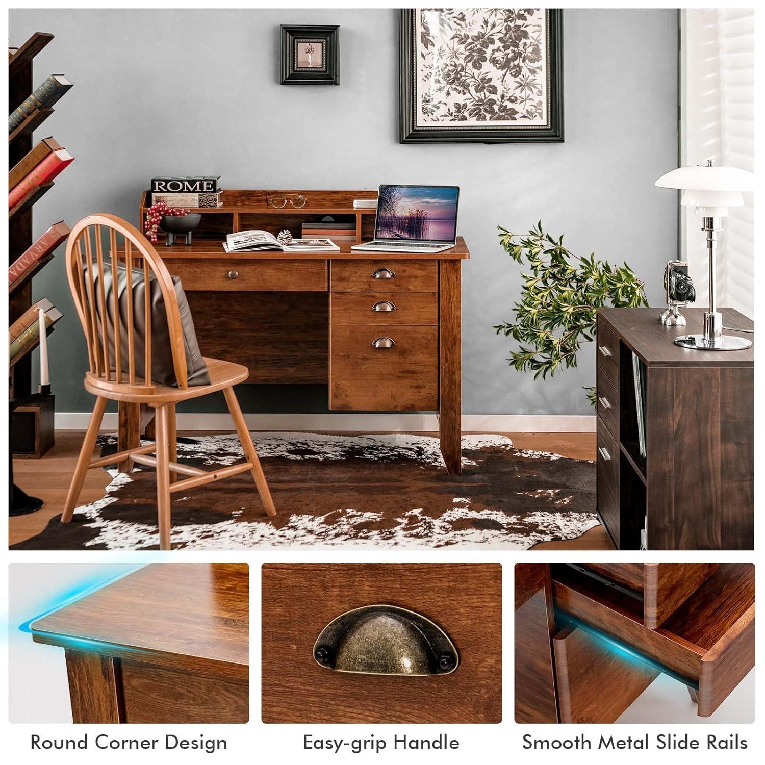 GVN Vintage Computer Desk with Storage Shelves and 4 Drawers-Rustic Brown, Desk for Bedroom, Gaming Computer Desks for Study,Working,Writing