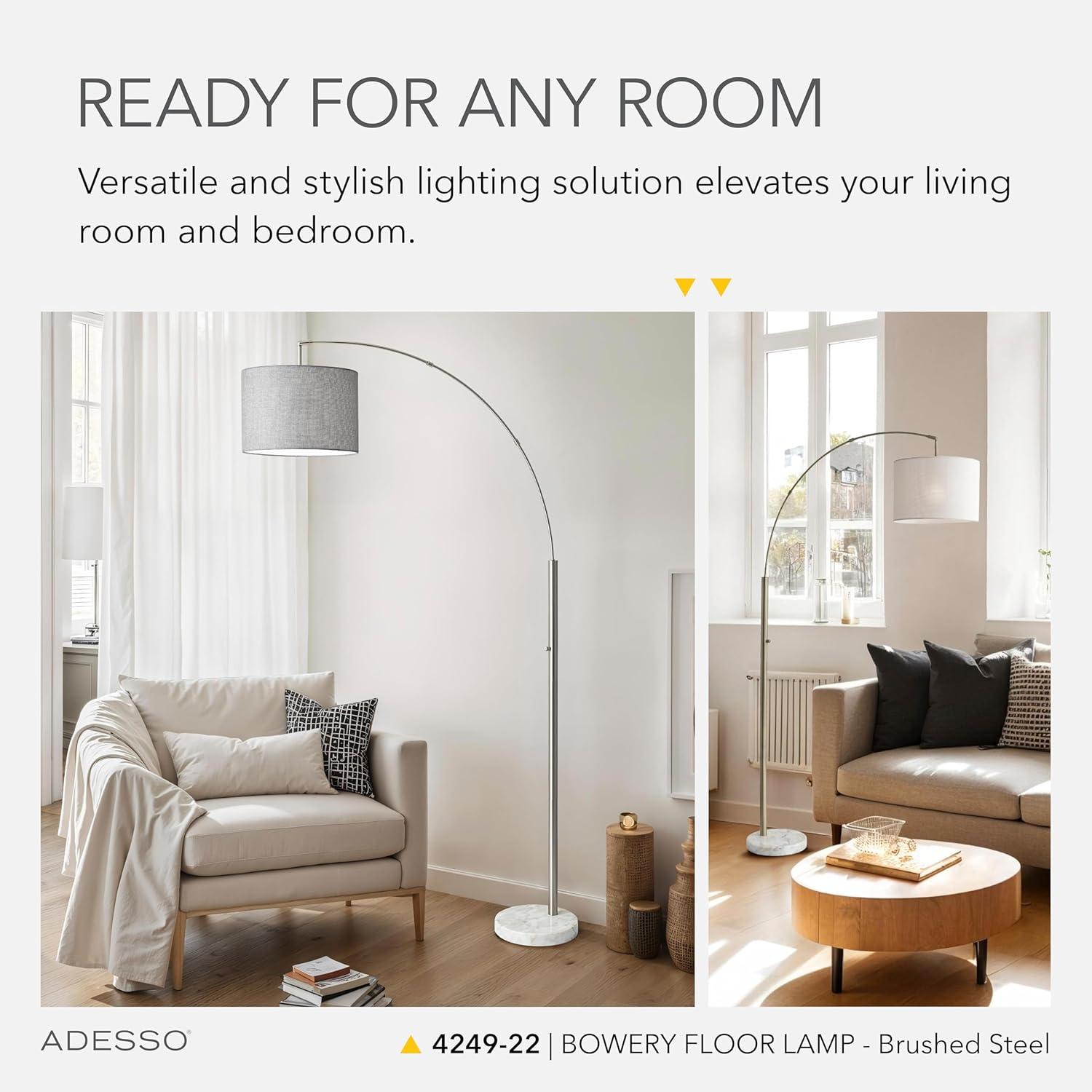73.5" Bowery Arc Lamp Steel - Adesso: Contemporary Design, ETL Listed, Linen Shade, Metal Body
