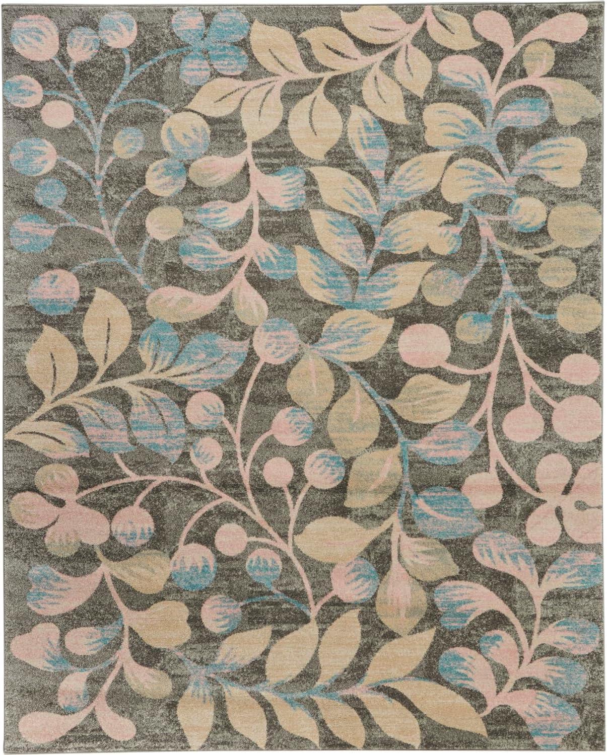 Handmade Grey and Beige Floral Synthetic 9' x 12' Rug