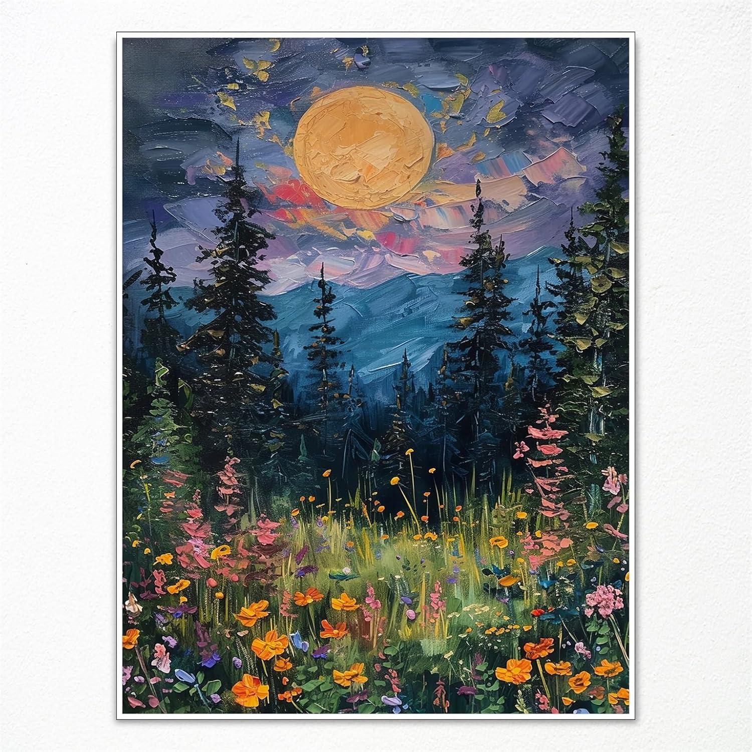SYDposter Vintage Full Moon Above The Wildflowers Canvas Wall Art, Mystical Midnight Woodland Art Print Poster, Retro Flowers and Trees Nature Oil Painting, Dark Forest Landscape 12x16in Unframed