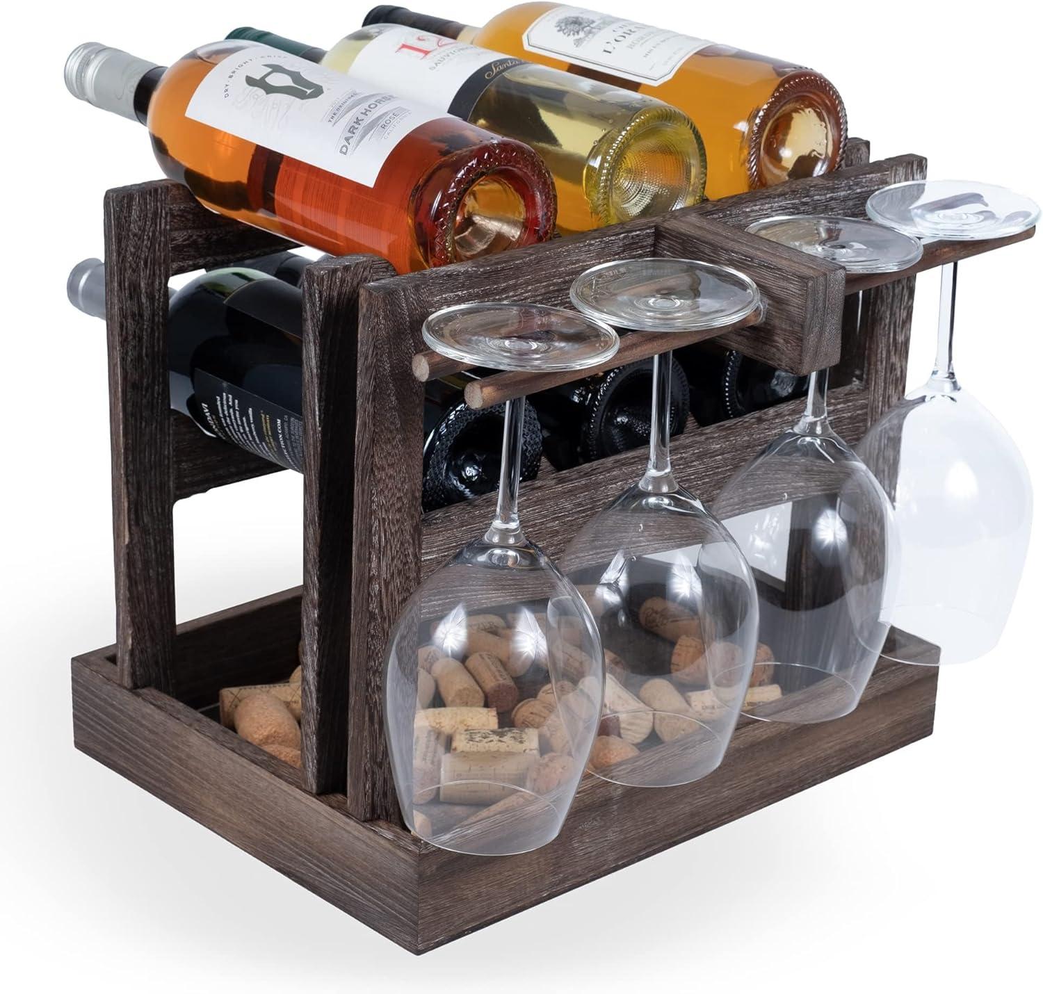 Burnt Brown Wood Countertop Wine Rack with Stemware Holder