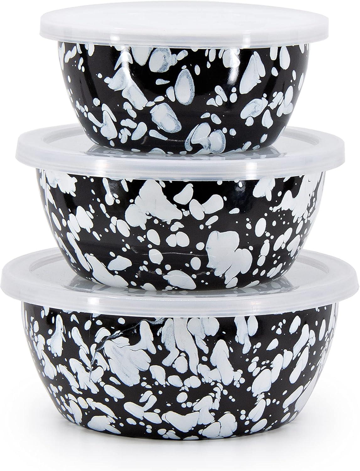 Black and White Ceramic Nesting Bowls with Lids, Set of 3