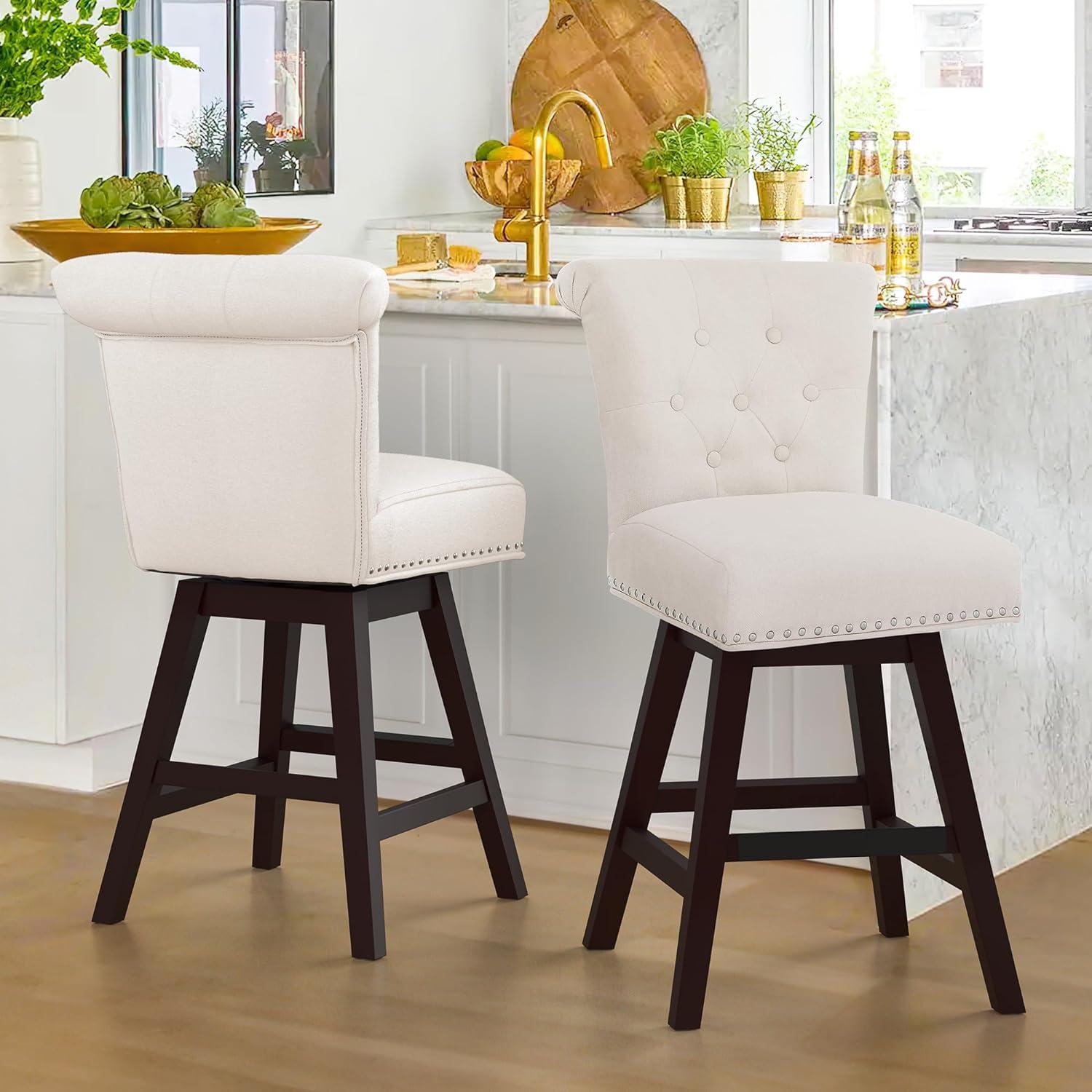 Beige Linen Swivel Counter Height Bar Stools with Wood Legs