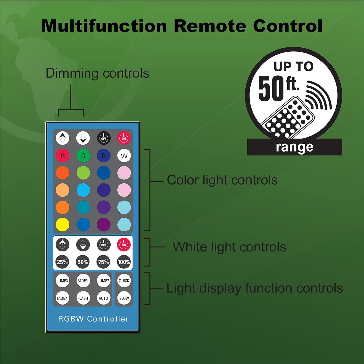 Good Earth Lighting RGB + Warm White LED 6ft Plug-in Tape Light with Multi-Function IR Remote, Flexible, Cuttable and Rejoinable, Remote Dimming, White