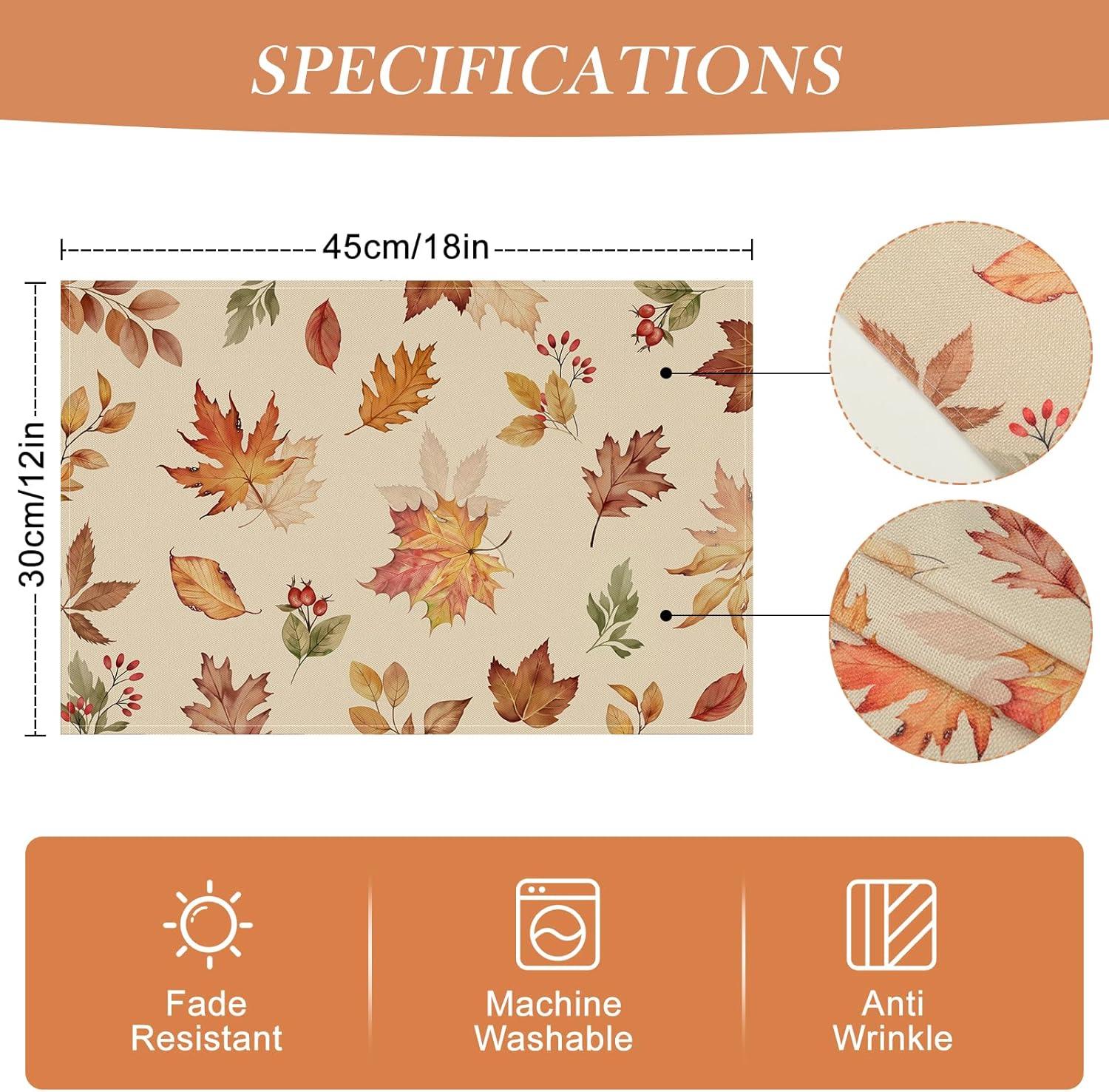 Fenyluxe  Maple Leaves Fall Placemats Set of 4,Thanksgiving Seasonal Table Mats for Party Kitchen Dining Decoration 18x12in