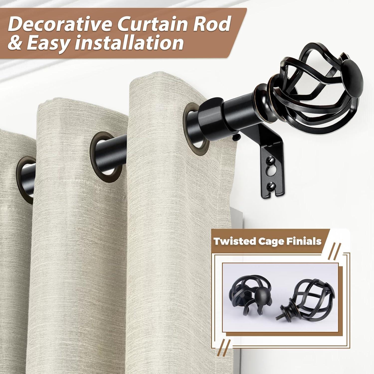 KAMANINA Black Curtain Rods for Windows 72 to 144 Inches (6-12ft), 1 Inch Heavy Duty Curtain Rod 32 to 144, Long Decorative Single Drapery Rods, Twisted Cage End