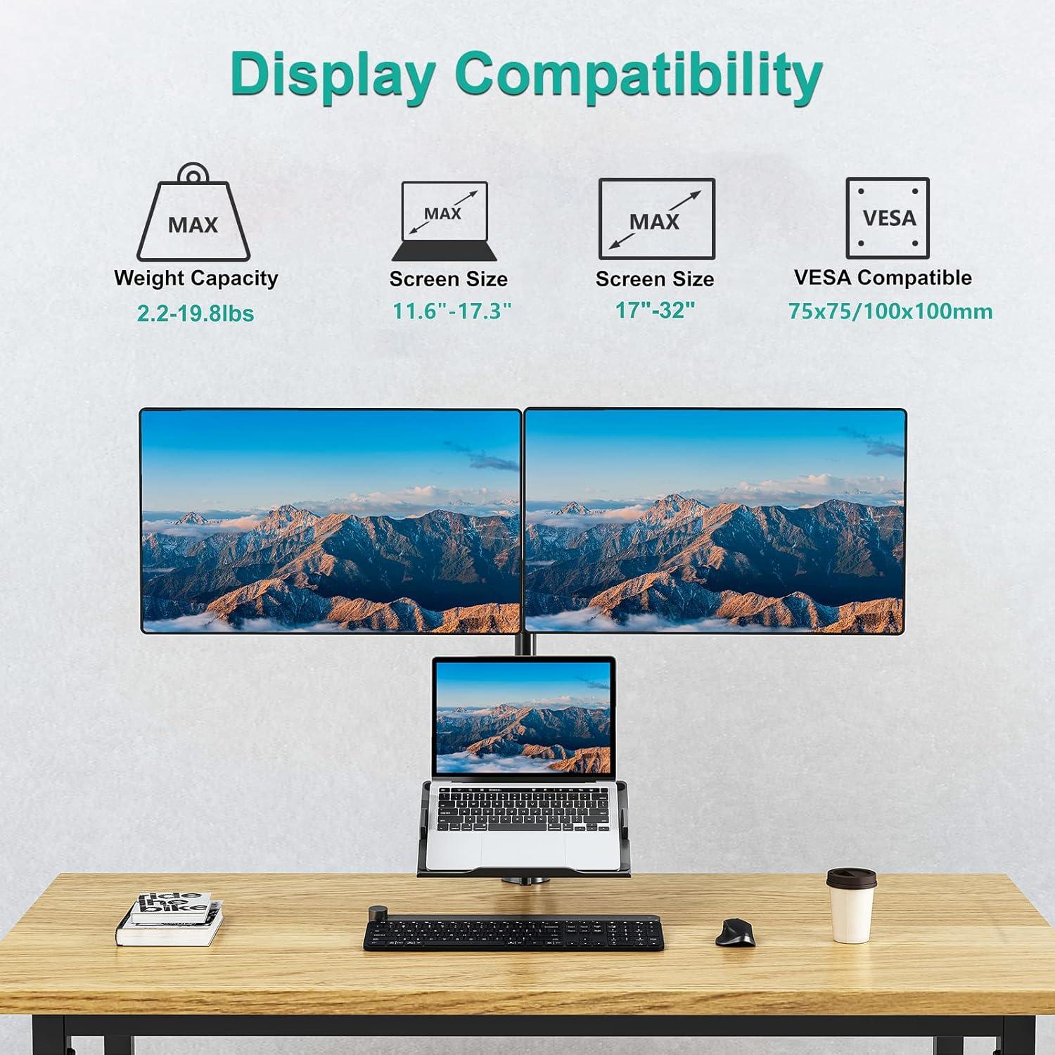 WALI Laptop Mount and Dual Monitor for Max 32" Monitor and 17" Laptop, Adjustable Spring Arm with Tilt, Swivel and Rotation, Dual Monitor and Notebook Stand with VESA 75/100mm(GSDM003LP), Black