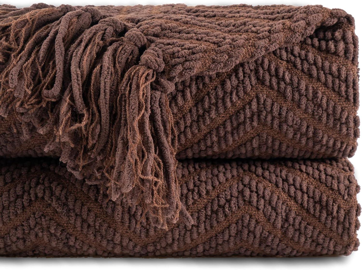 Battilo Dark Brown Throw Blanket for Couch, Knitted Brown Herringbone Throw,Housewarming Gifts,50'' x 60''