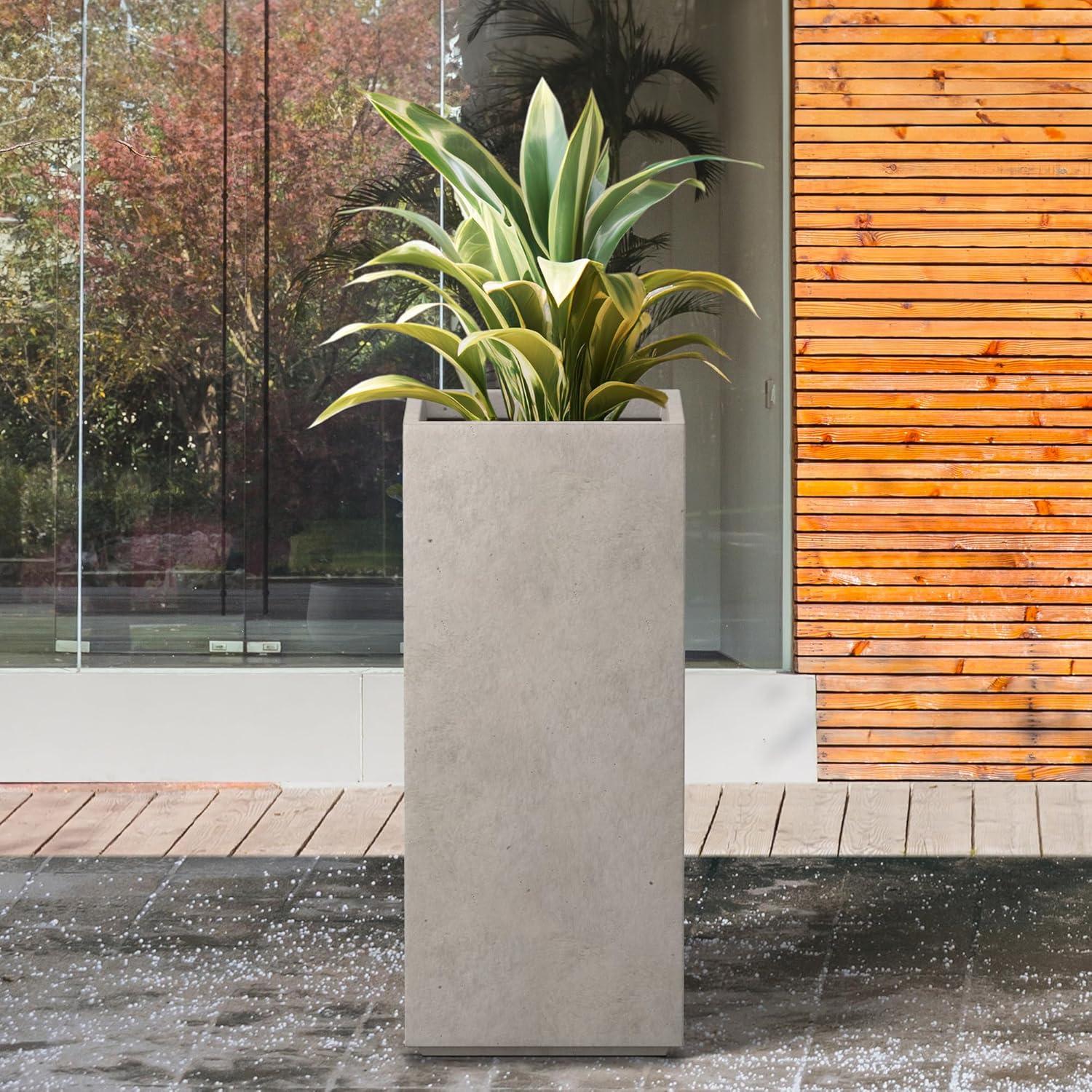 Rosemead Home & Garden, Inc. 14" Wide Kante Lightweight Durable Modern Tall Square Outdoor Decorative Planter Weathered Concrete Gray
