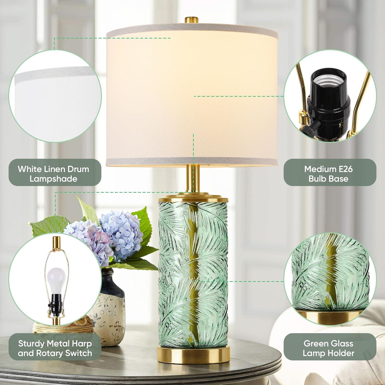 QiMH Glass Table Lamp Set of 2, Modern Gold Bedside Lamp with Stereo Palm Leaves Vein Glass for Living Room, Green Nightstand Lamps for Bedroom Home Office Reading Decor(Bulbs & Shades Included)