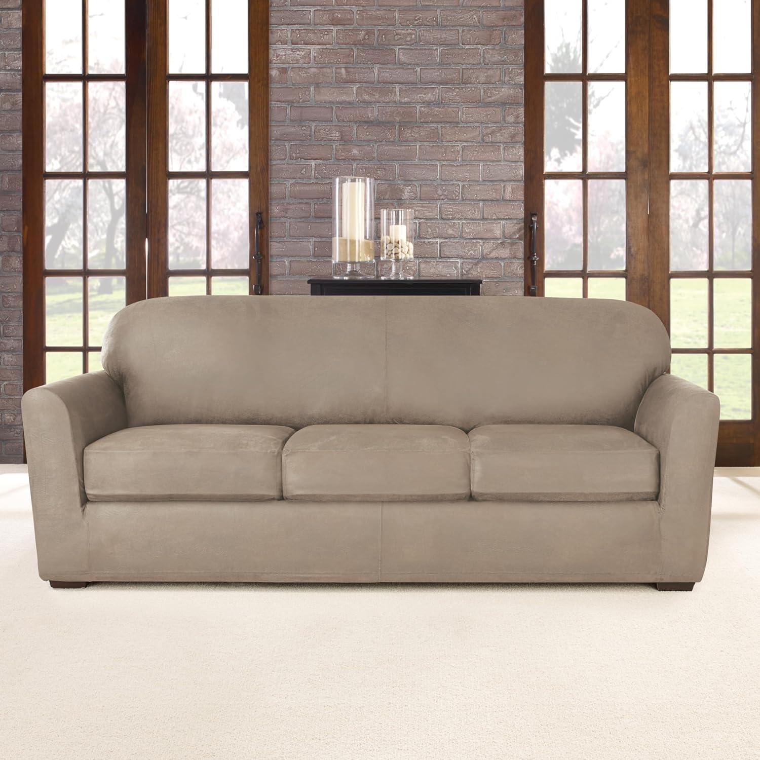 Pebbled Ivory Stretch Leather Sofa Slipcover Set