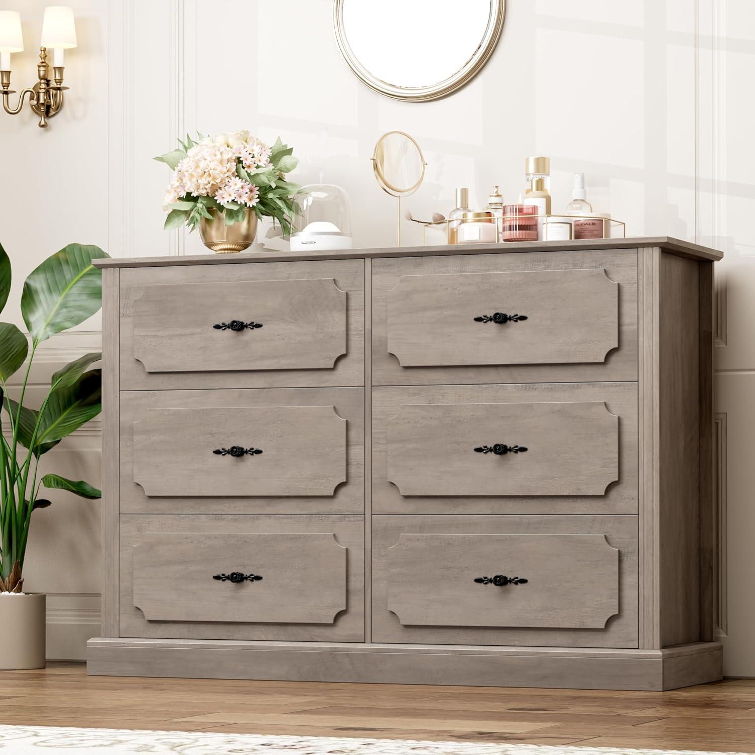 Litake Dresser for Bedroom with 6 Drawers, Wood Drawer Dresser Chest of Drawers for Closet, Living Room, Hallway, Nursery, Kids Bedroom, Light Grey