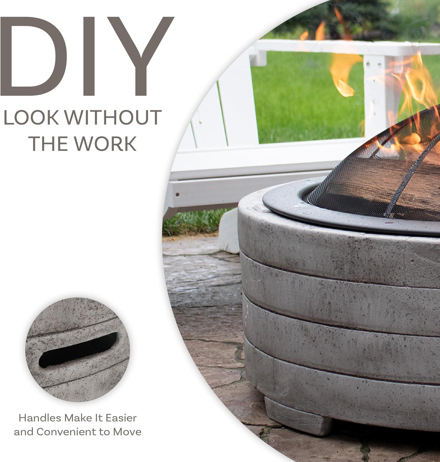 Sunnydaze Outdoor Large Round Faux Stone Fire Pit with Handles, Log Poker, and Spark Screen - 35" - Gray