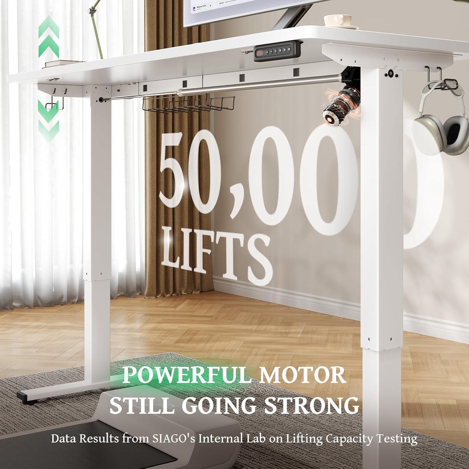 White Adjustable Height Standing Computer Desk with Headphone Hook