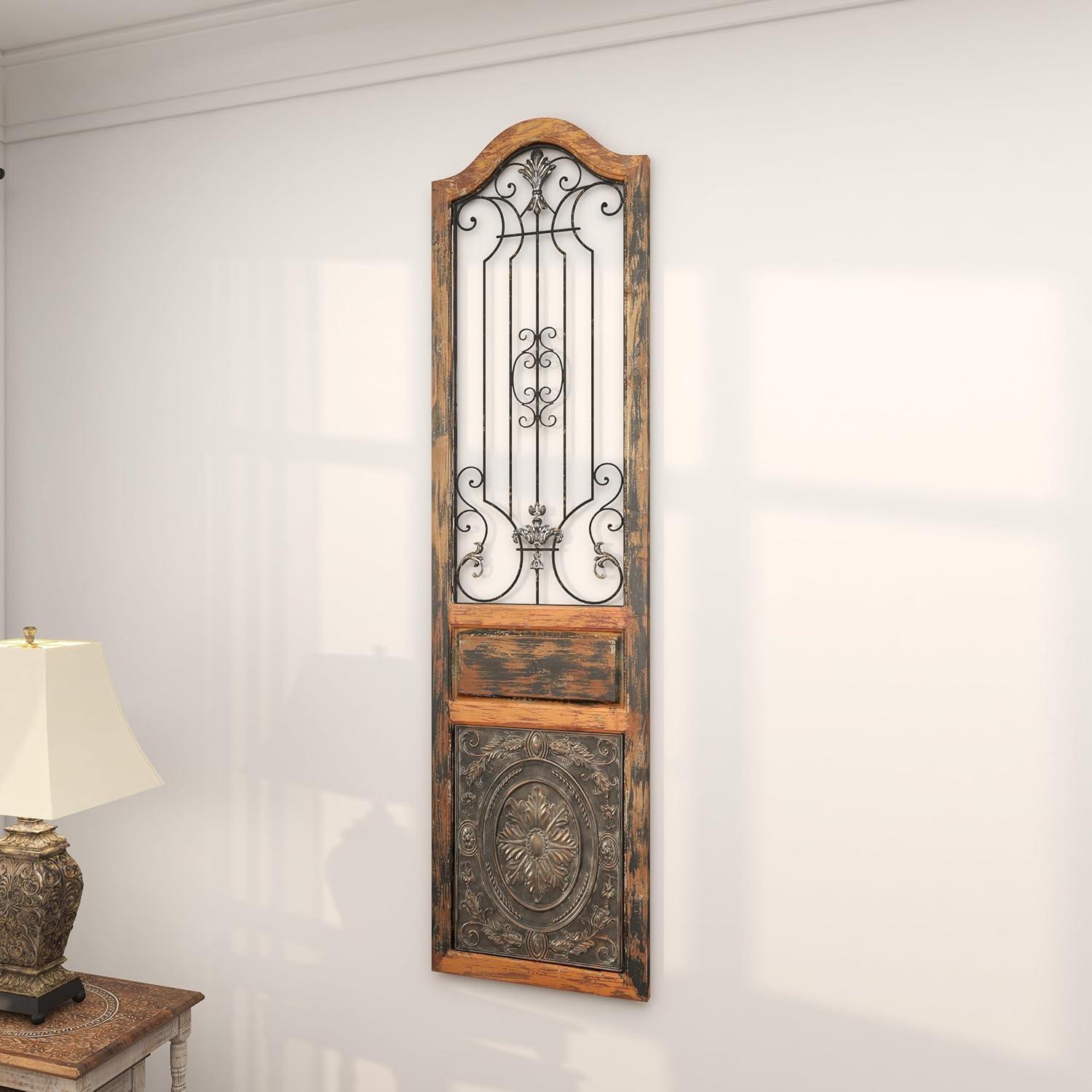 DecMode Decoración de Pared de Metal y Madera Inspirada en Puertas Arqueadas Rústicas 72" de Alto x 19 de Largo, Acabado en Marrón Desgastado con Carácter Orgánico