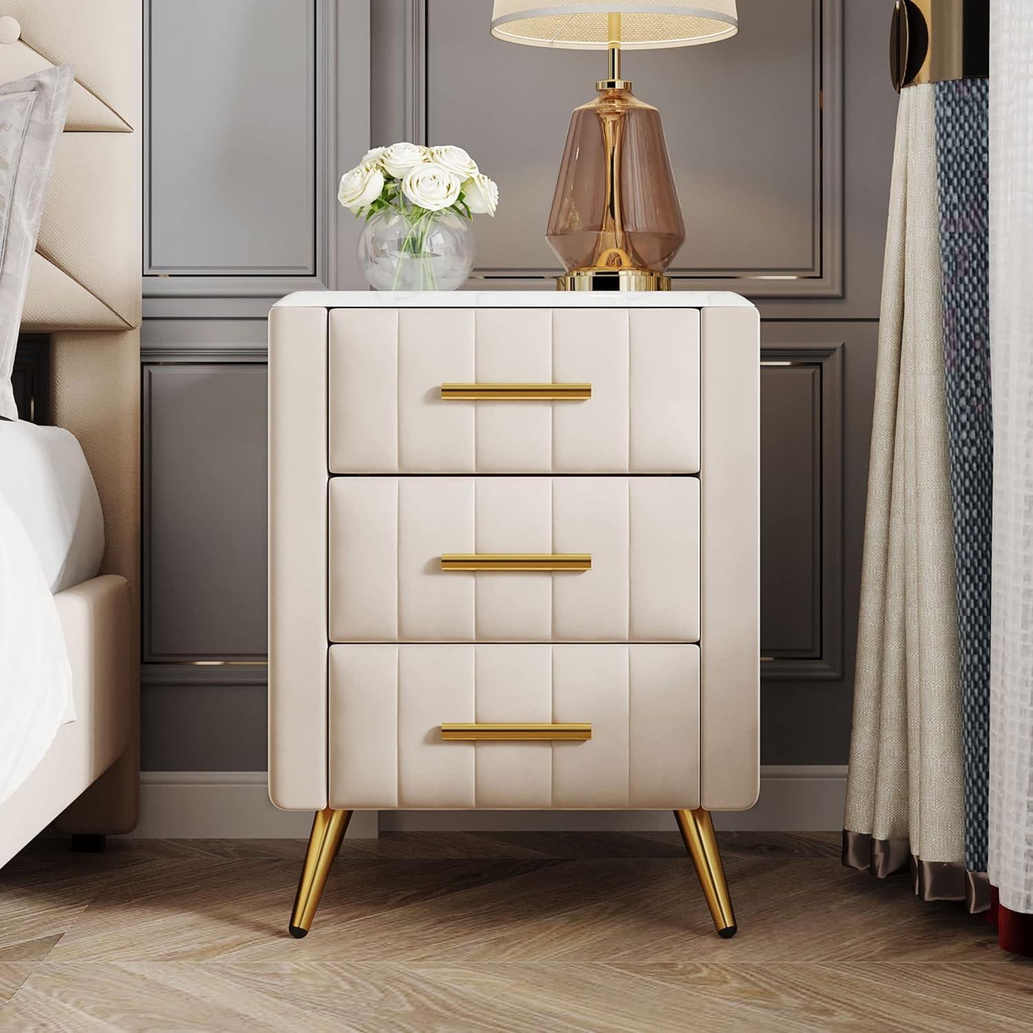 Churanty Upholstered Wooden Nightstand with 3 Drawers and Metal Legs & Handles,Bedside Table with Marbling Worktop,Beige