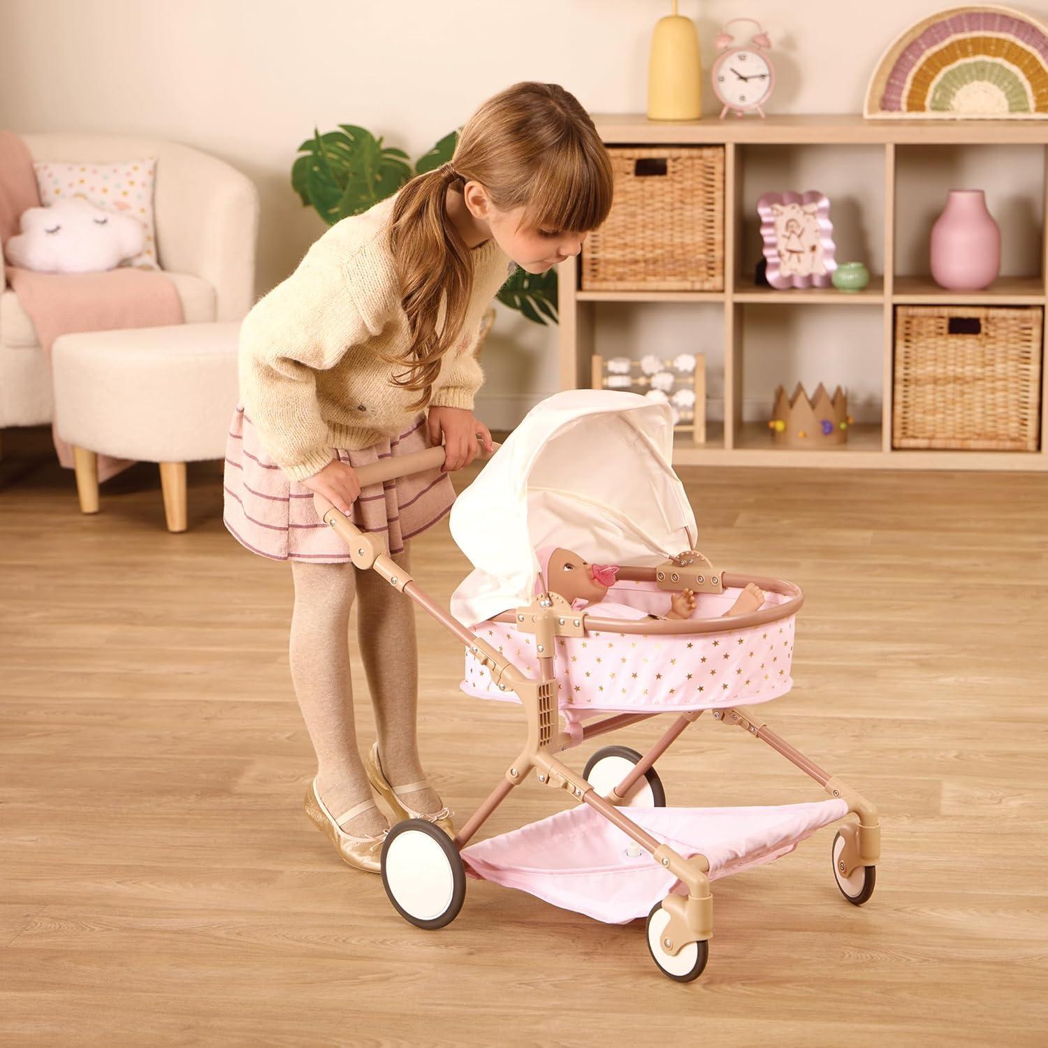LullaBaby 14" Baby Doll & Double Stroller Accessory Set - Pink & Golden Stars: Toy Stroller with Canopy & Basket