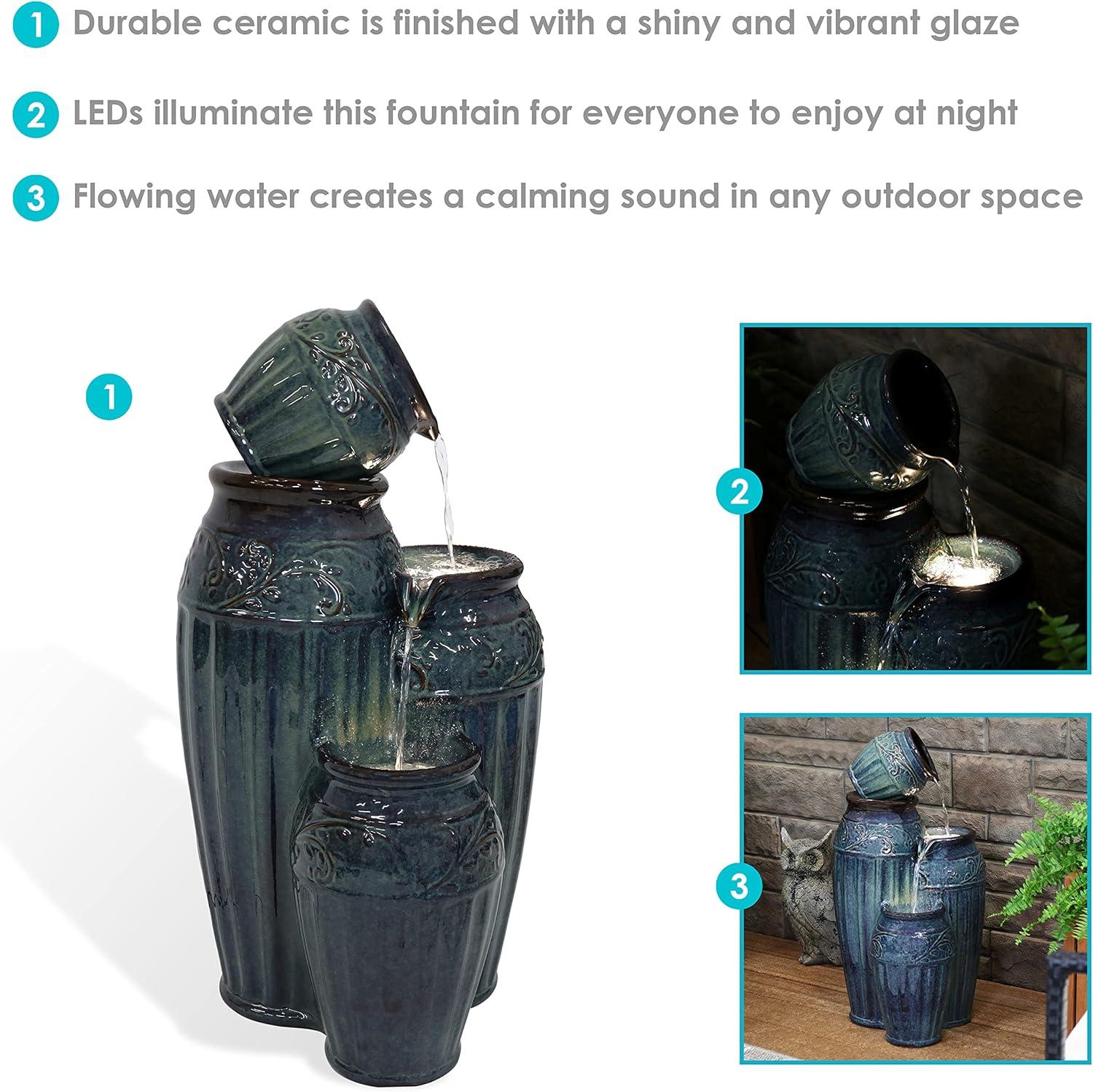 Sunnydaze 27"H Electric Ceramic Dark Turquoise Tour de Vase Outdoor Water Fountain with LED Lights