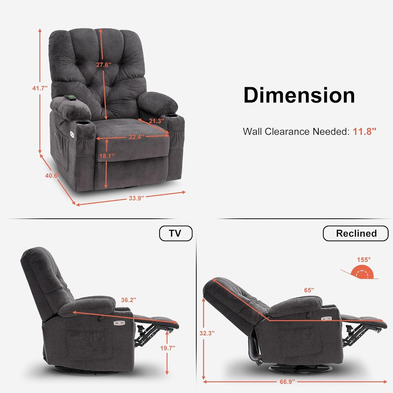 MCombo Electric Power Swivel Glider Rocker Recliner Chair with Cup Holders for Nursery, Hand Remote Control, USB Ports, 2 Side & Front Pockets, Plush Fabric 7797 (No Lift Chair) (Grey)