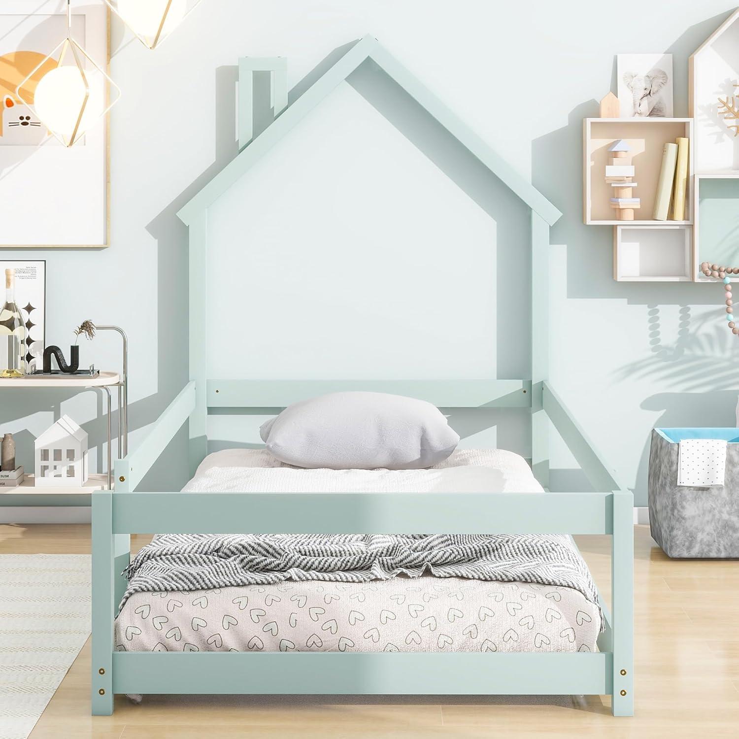 Kids Montessori Floor Bed, Twin Size Wooden Floor Bed Frame with Fences Guardrails and House Shape Headboard, Without Slats Support, Light Green