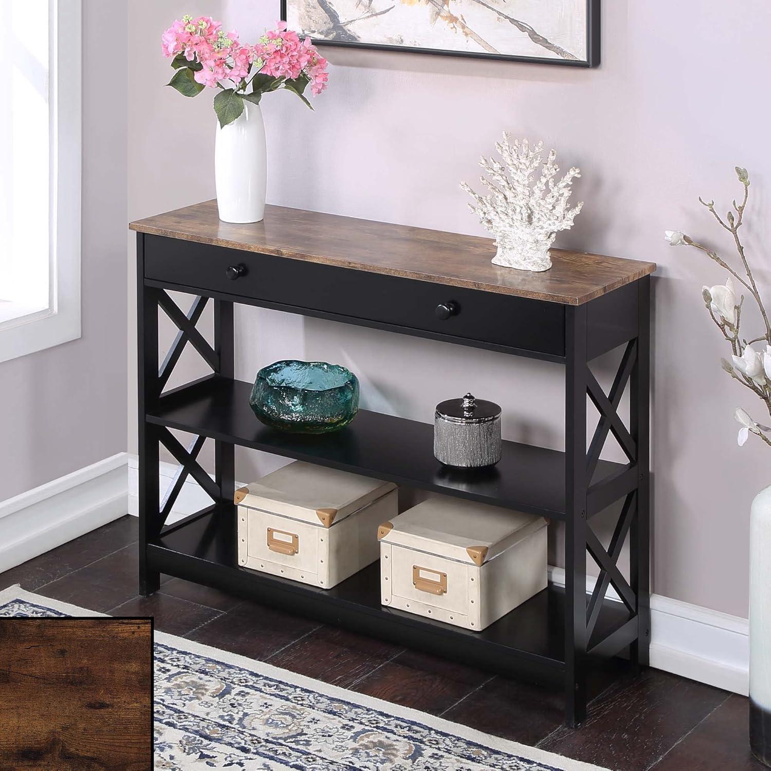 Convenience Concepts Oxford 1 Drawer Console Table with Shelves, Barnwood & Black