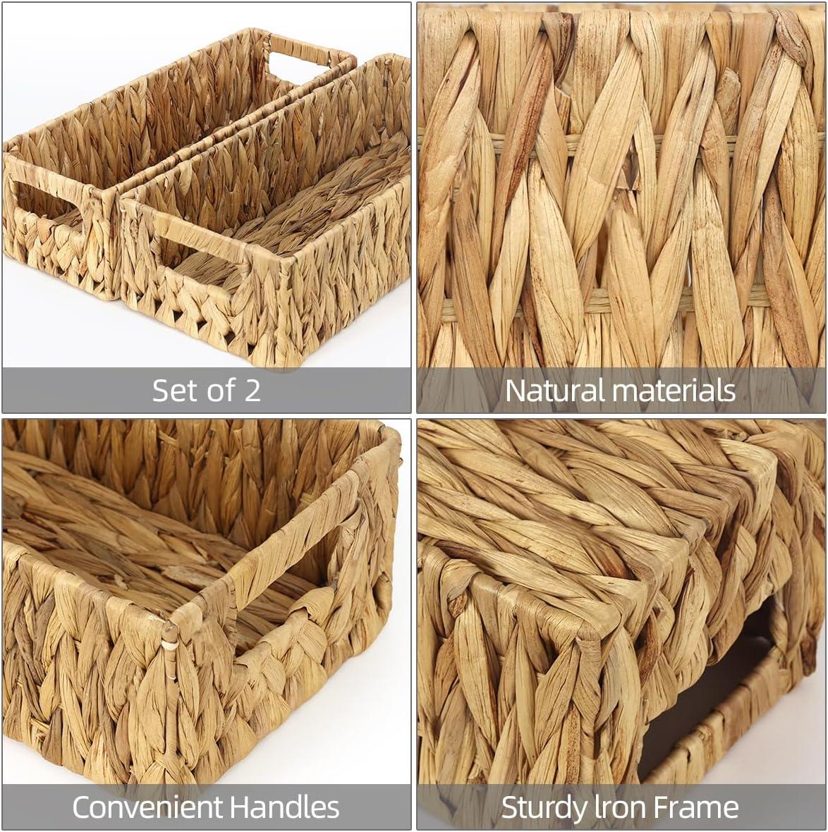 INDSUMOT Set of 2 Bathroom Storage Baskets, Natural - Water Hyacinth, 16" W x 6.75" D x 4.25" H, Woven Toilet Tank Topper Bins for Organizing Tissues, Toilet Paper, Toiletries, Shelves