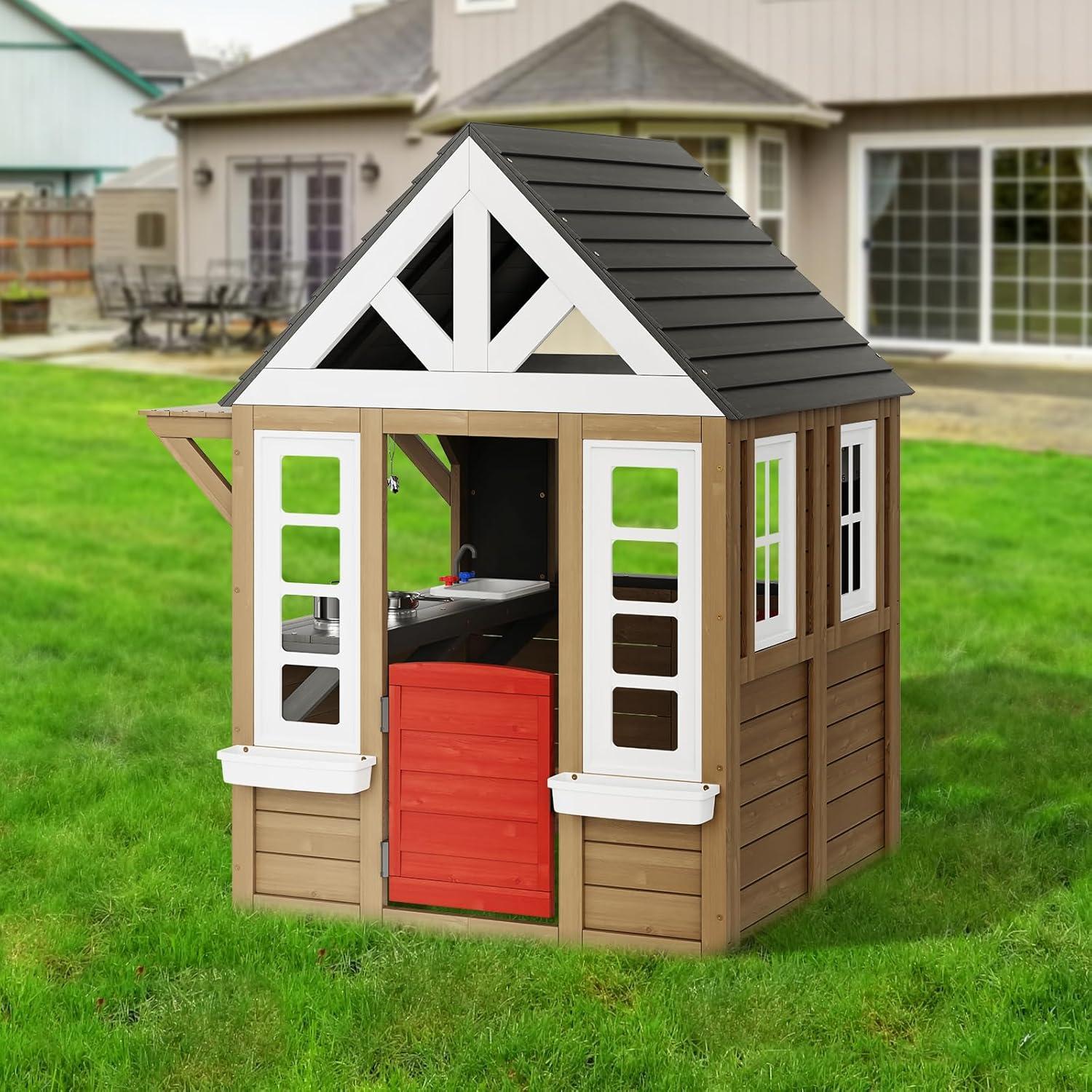 Modern Cedar Outdoor Playhouse with Kitchen and Flower Pot Holder