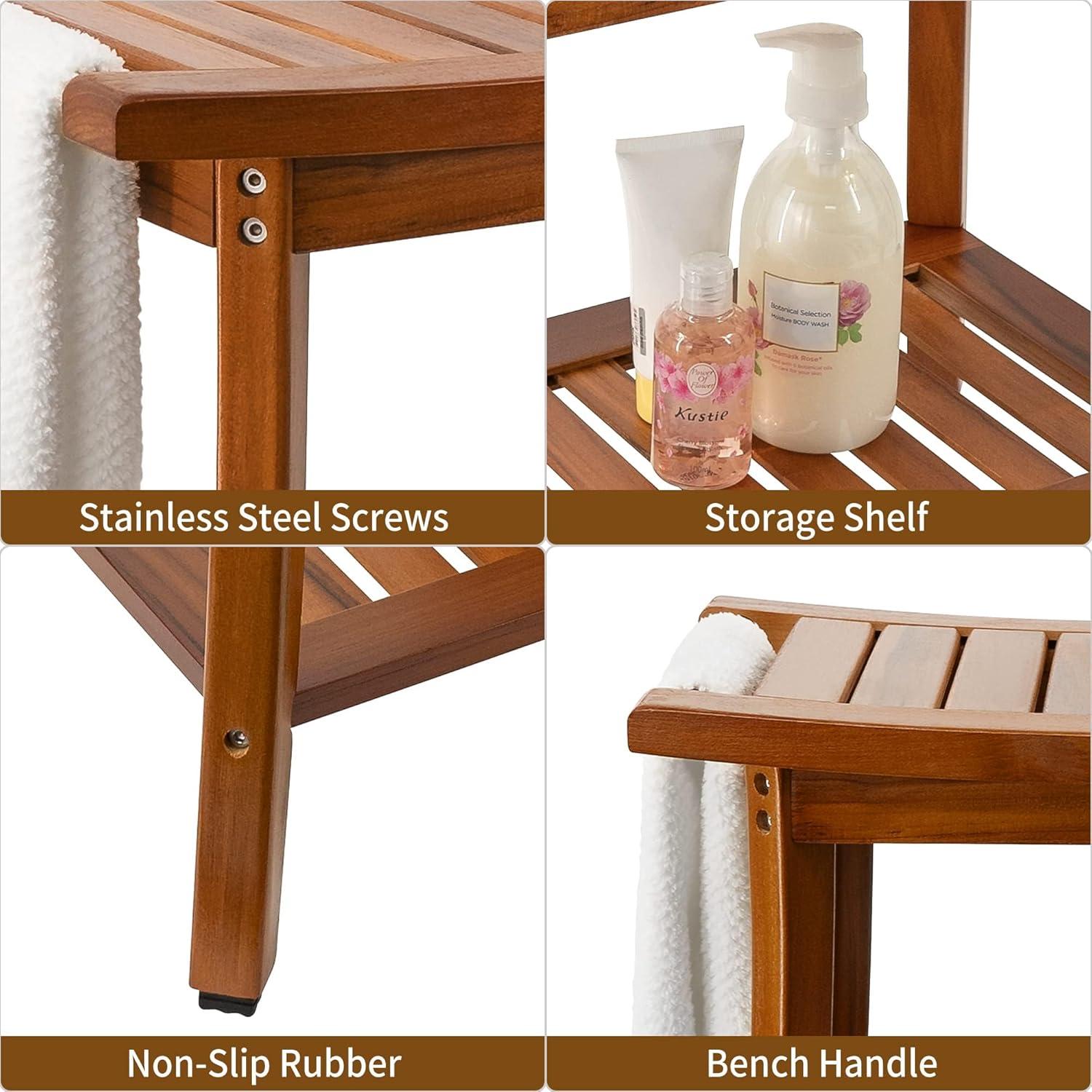 Utoplike Teak Shower Bench Seat with Handles, Portable Wooden Spa Bathing Stool with Storage Towel Shelf, 22" x 13" x 18.6",Waterproof,Perfect for Indoor and Outdoor Use