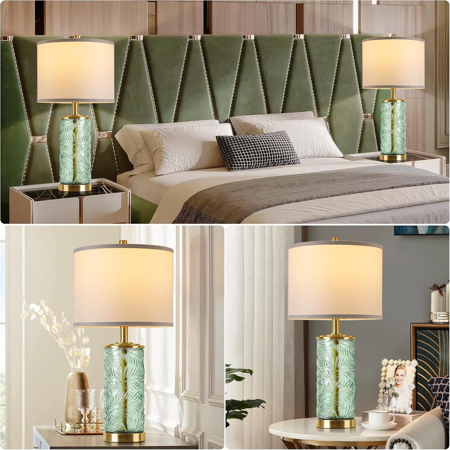 QiMH Glass Table Lamp Set of 2, Modern Gold Bedside Lamp with Stereo Palm Leaves Vein Glass for Living Room, Green Nightstand Lamps for Bedroom Home Office Reading Decor(Bulbs & Shades Included)