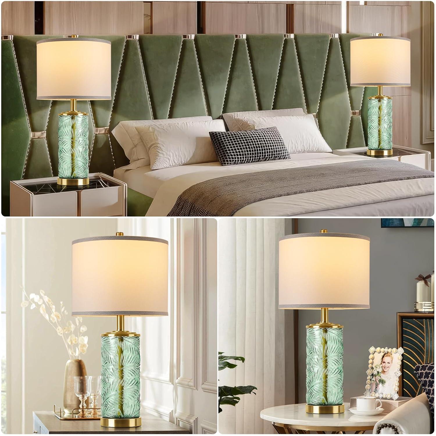 QiMH Glass Table Lamp Set of 2, Modern Gold Bedside Lamp with Stereo Palm Leaves Vein Glass for Living Room, Green Nightstand Lamps for Bedroom Home Office Reading Decor(Bulbs & Shades Included)