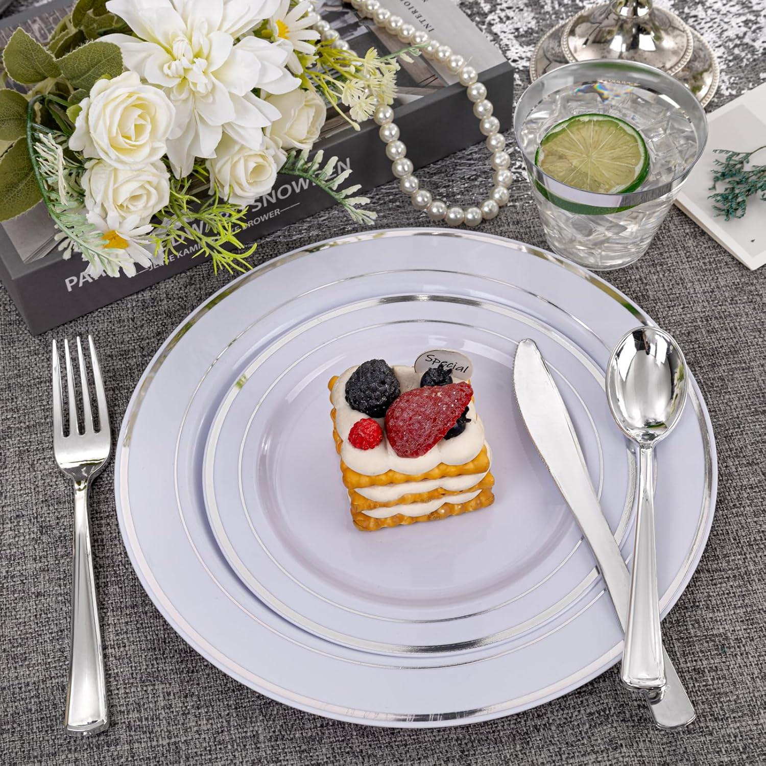 Elegant Silver Rimmed Disposable Plastic Dinnerware Set, 350 Pieces